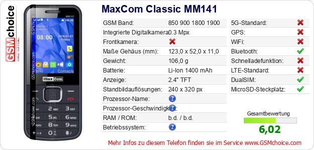 MaxCom Classic MM141 technische Daten MaxCom Classic MM141 technische Daten