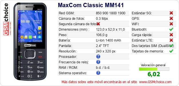 MaxCom Classic MM141 Datos técnicos del móvil MaxCom Classic MM141 Datos técnicos del móvil