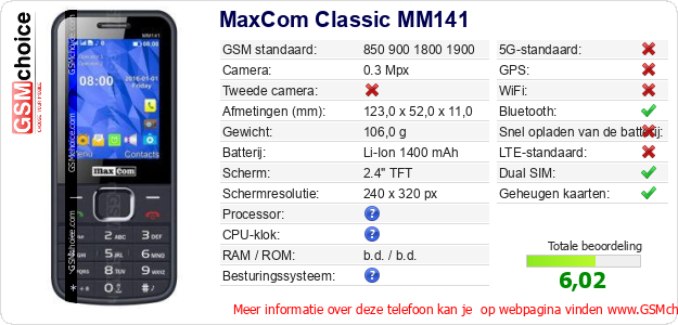 MaxCom Classic MM141 Technische gegevens 