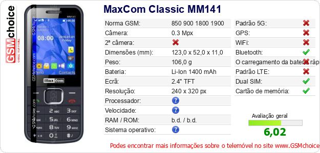 MaxCom Classic MM141 Especificações técnicas do telemóvel MaxCom Classic MM141 Especificações técnicas do telemóvel