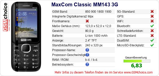 MaxCom Classic MM143 3G technische Daten MaxCom Classic MM143 3G technische Daten