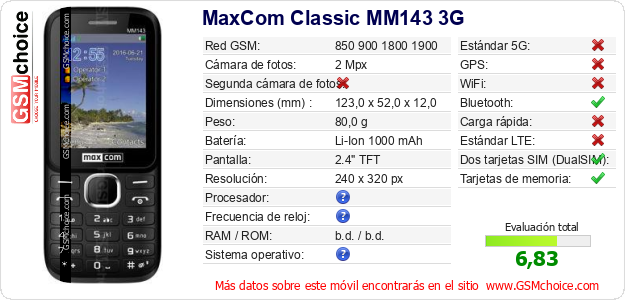 MaxCom Classic MM143 3G Datos técnicos del móvil MaxCom Classic MM143 3G Datos técnicos del móvil