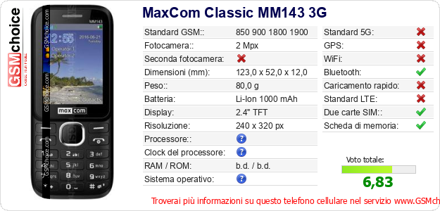 MaxCom Classic MM143 3G Dati tecnici di telefono cellulare 