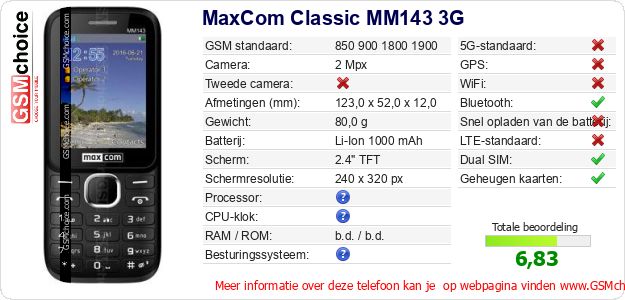 MaxCom Classic MM143 3G Technische gegevens MaxCom Classic MM143 3G Technische gegevens