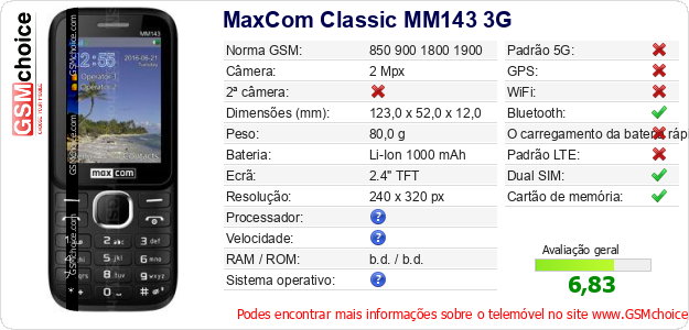 MaxCom Classic MM143 3G Especificações técnicas do telemóvel MaxCom Classic MM143 3G Especificações técnicas do telemóvel