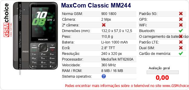 MaxCom Classic MM244 Especificações técnicas do telemóvel MaxCom Classic MM244 Especificações técnicas do telemóvel