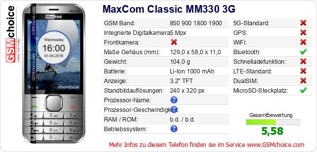 MaxCom Classic MM330 3G technische Daten MaxCom Classic MM330 3G technische Daten