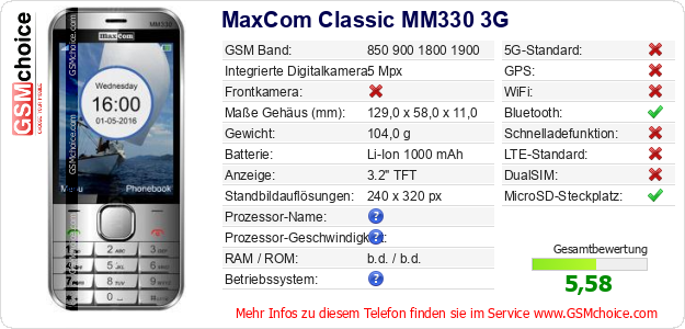 MaxCom Classic MM330 3G technische Daten MaxCom Classic MM330 3G technische Daten