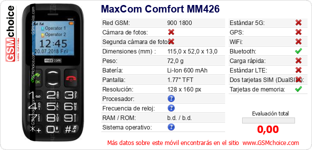 MaxCom Comfort MM426 Datos técnicos del móvil MaxCom Comfort MM426 Datos técnicos del móvil