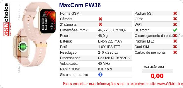 MaxCom FW36 Especificações técnicas do telemóvel 