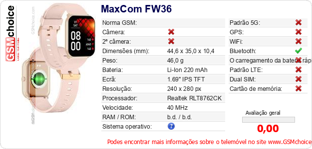 MaxCom FW36 Especificações técnicas do telemóvel 