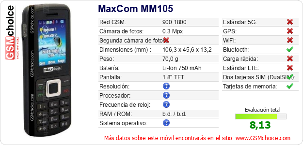 MaxCom MM105 Datos técnicos del móvil MaxCom MM105 Datos técnicos del móvil