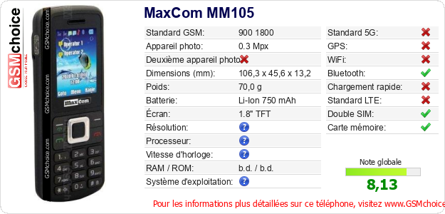 MaxCom MM105 Fiche technique MaxCom MM105 Fiche technique