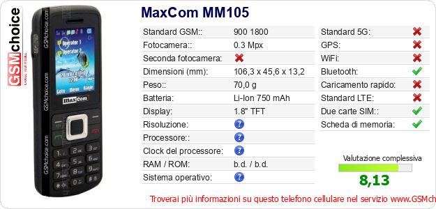 MaxCom MM105 Dati tecnici di telefono cellulare 