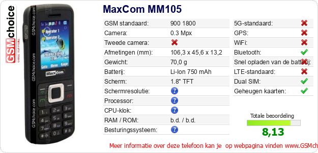 MaxCom MM105 Technische gegevens MaxCom MM105 Technische gegevens