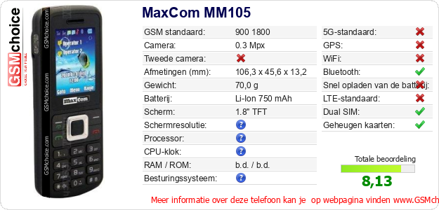 MaxCom MM105 Technische gegevens MaxCom MM105 Technische gegevens