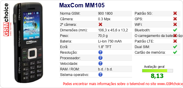 MaxCom MM105 Especificações técnicas do telemóvel 