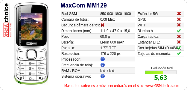 MaxCom MM129 Datos técnicos del móvil 