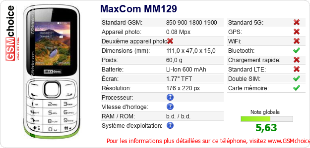 MaxCom MM129 Fiche technique MaxCom MM129 Fiche technique