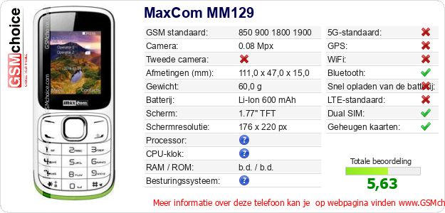 MaxCom MM129 Technische gegevens MaxCom MM129 Technische gegevens