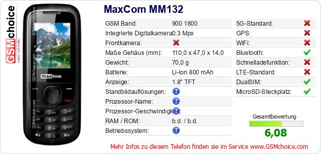 MaxCom MM132 technische Daten MaxCom MM132 technische Daten