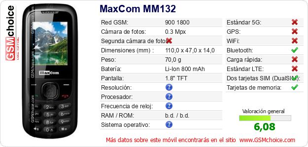 MaxCom MM132 Datos técnicos del móvil MaxCom MM132 Datos técnicos del móvil