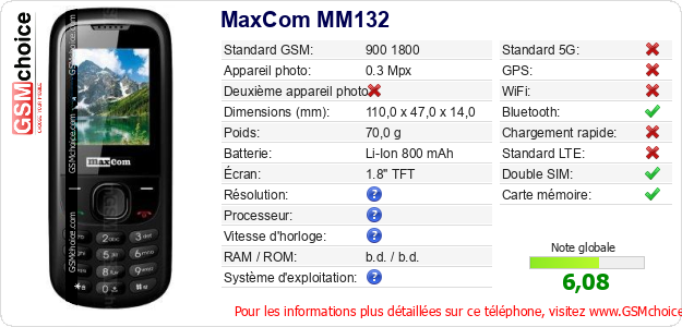 MaxCom MM132 Fiche technique