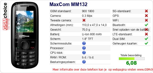 MaxCom MM132 Technische gegevens 