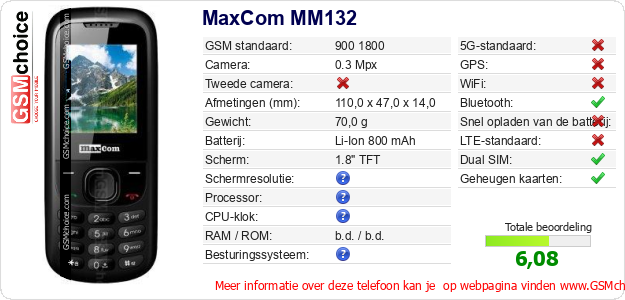 MaxCom MM132 Technische gegevens MaxCom MM132 Technische gegevens