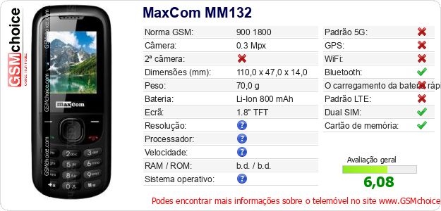 MaxCom MM132 Especificações técnicas do telemóvel 