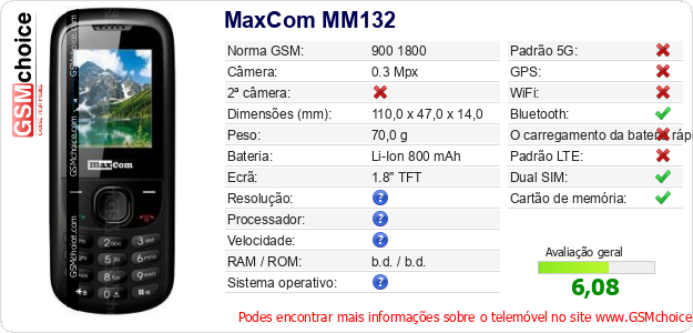 MaxCom MM132 Especificações técnicas do telemóvel 