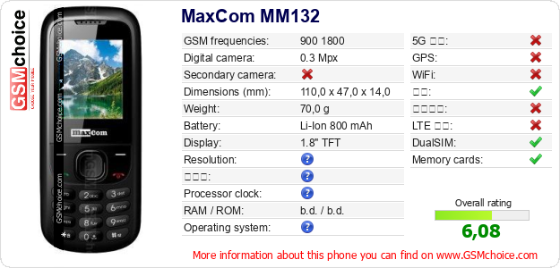 MaxCom MM132 手机技术数据