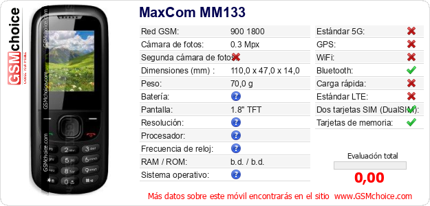 MaxCom MM133 Datos técnicos del móvil 