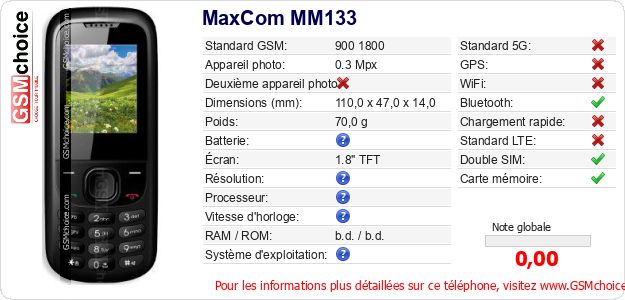 MaxCom MM133 Fiche technique MaxCom MM133 Fiche technique
