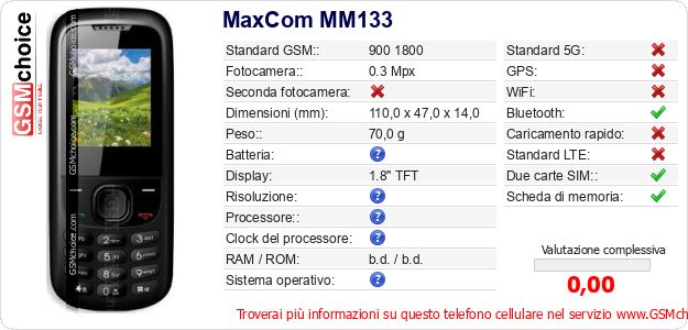 MaxCom MM133 Dati tecnici di telefono cellulare 