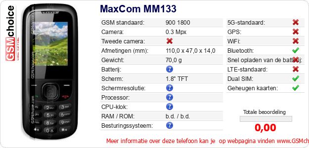 MaxCom MM133 Technische gegevens MaxCom MM133 Technische gegevens