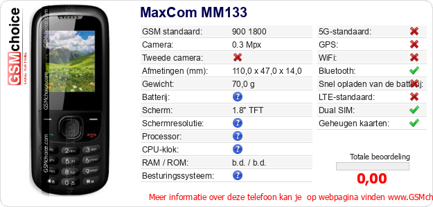 MaxCom MM133 Technische gegevens 