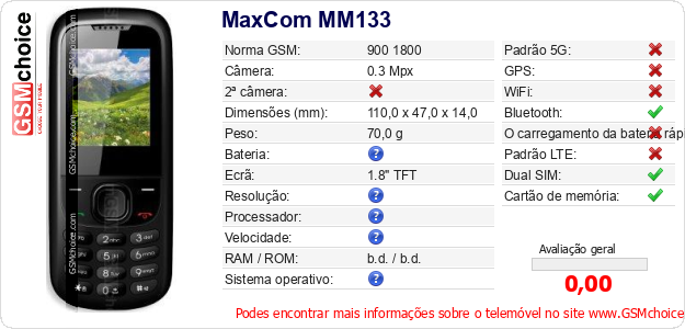 MaxCom MM133 Especificações técnicas do telemóvel MaxCom MM133 Especificações técnicas do telemóvel