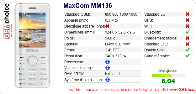 MaxCom MM136 Fiche technique
