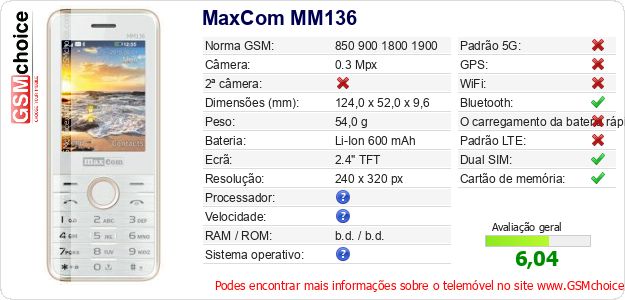 MaxCom MM136 Especificações técnicas do telemóvel 