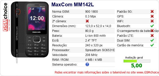 MaxCom MM142L Especificações técnicas do telemóvel MaxCom MM142L Especificações técnicas do telemóvel