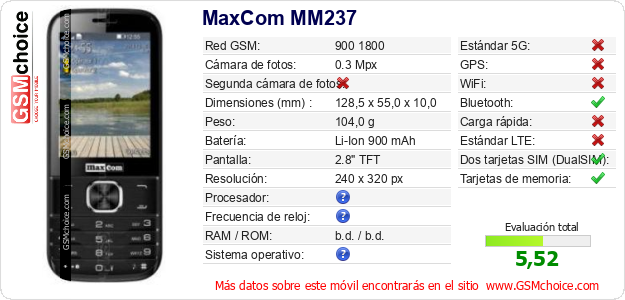 MaxCom MM237 Datos técnicos del móvil 