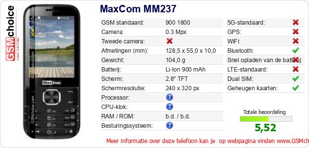 MaxCom MM237 Technische gegevens MaxCom MM237 Technische gegevens