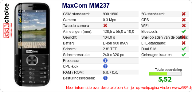 MaxCom MM237 Technische gegevens 