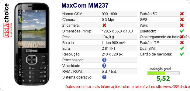 MaxCom MM237 Especificações técnicas do telemóvel 