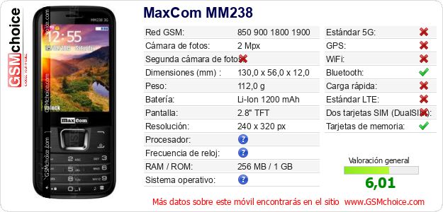 MaxCom MM238 Datos técnicos del móvil MaxCom MM238 Datos técnicos del móvil