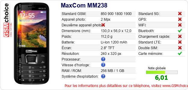 MaxCom MM238 Fiche technique MaxCom MM238 Fiche technique