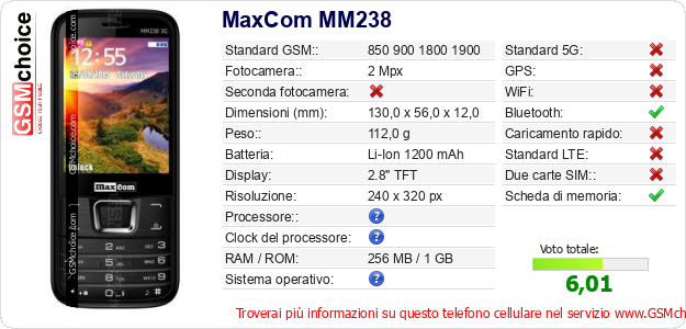 MaxCom MM238 Dati tecnici di telefono cellulare 