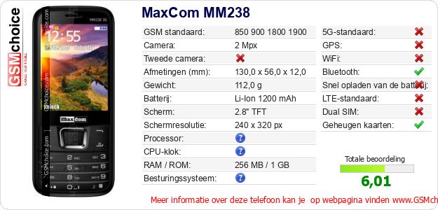 MaxCom MM238 Technische gegevens 