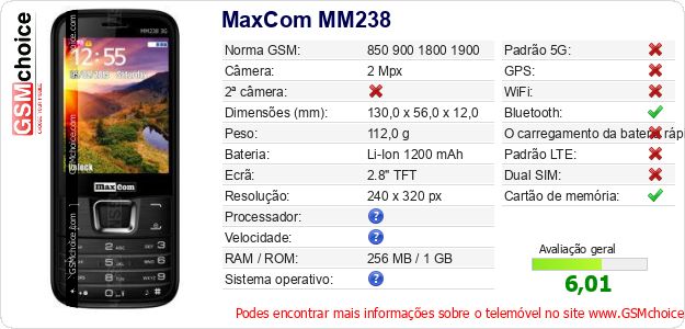 MaxCom MM238 Especificações técnicas do telemóvel 